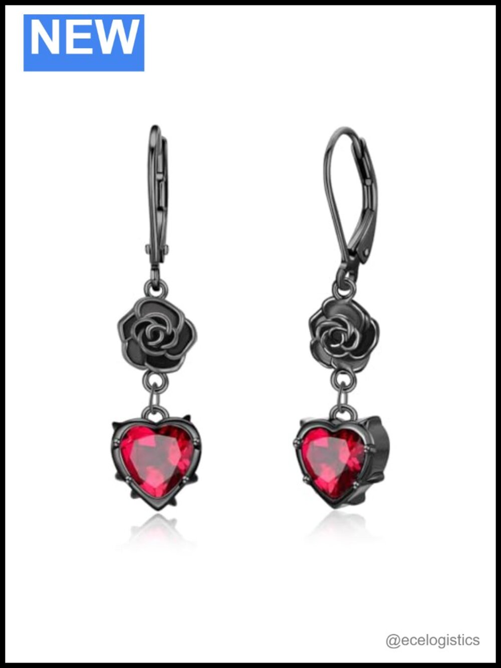 925 Sterling Silver Red Crystal Gothic Black Rose Drop Earrings